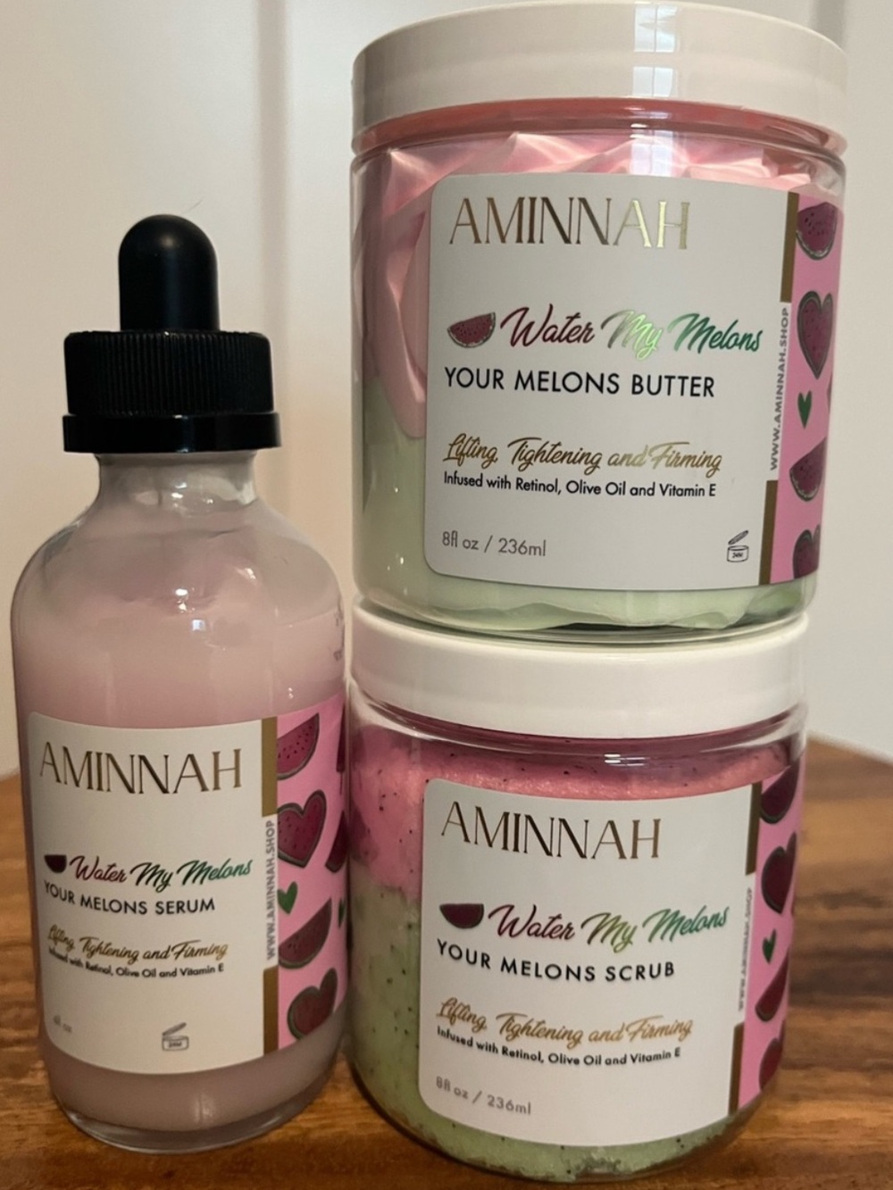 AMINNAH “Water My Melons” Set/3 Lifting & Firming Scrub, Body Butter & Serum NEW